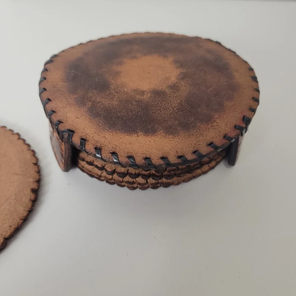 Casa De Esperanza Hand Tooled Leather Coaster Set 6 Piece Brown Floral Rustic
